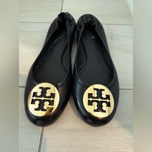 Tory Burch Black Leather Flats with Gold Emblem